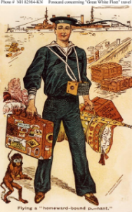 NH 82984-KN: "Flying a homeward-bound pennant": Postcard depicting a Sailor of the Great White Fleet. 