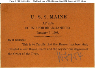 NH 106224-KN: Equator crossing card given to Midshipman Harold M. Bemis of USS Maine.