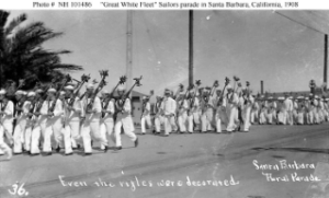 NH 101486: Sailors at a parade in Santa Barbara, California.