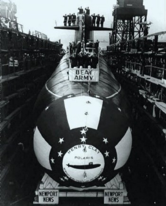 Henry Clay (SSBN-625) before launched at Newport News, Va., 30 November 1962, with "Beat Army" banner displayed.