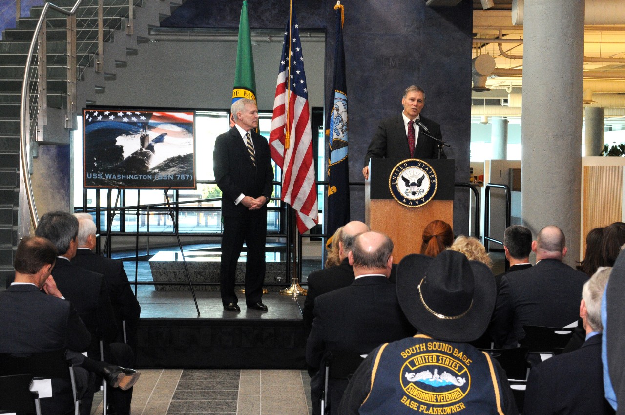 Washington Gov. Jay Inslee delivers his remarks celebrating the naming of the Navy's next Virginia-class submarine, USS Washington (SSN 787), at the Port of Seattle Headquarters Building at Pier 69.