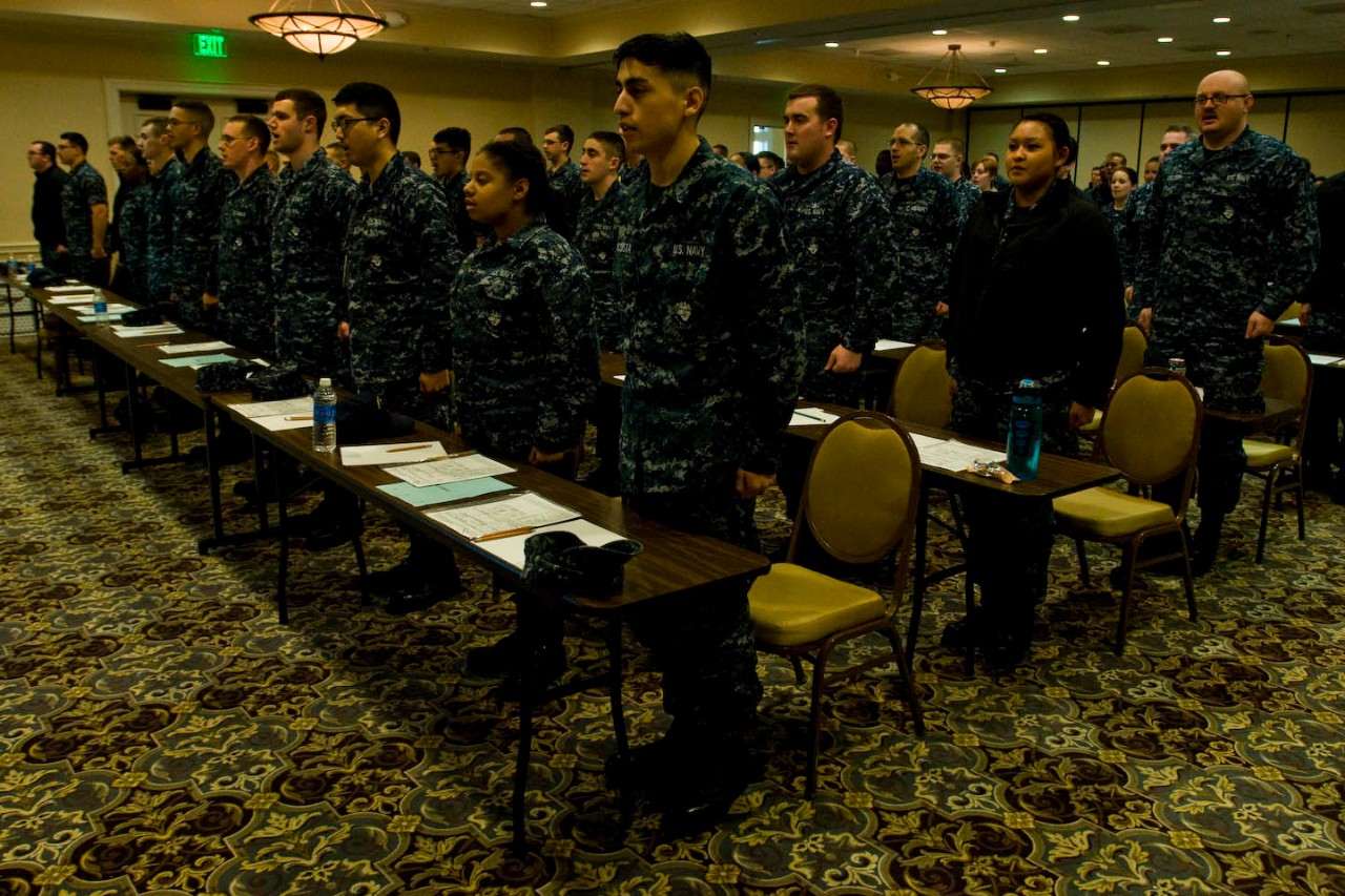 Sailors recite The Sailor’s Creed prior to the Navy-wide E-4 advancement exam at Naval Air Station Patuxent River.