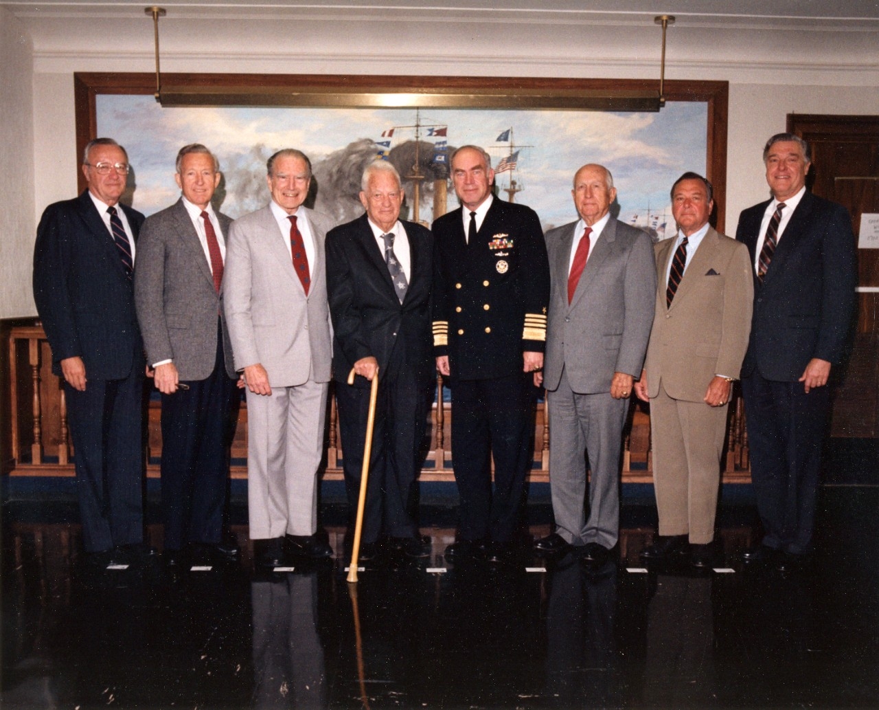 The current CNO, Admiral Frank Kelso, with former CNOs at the Pentagon, 19 October 1990. Those present are (from left to right): Admiral Carlisle A.H. Trost, CNO in 1986-1990; Admiral Thomas Hayward, CNO in 1978-1982; Admiral Elmo Zumwalt, CNO in...