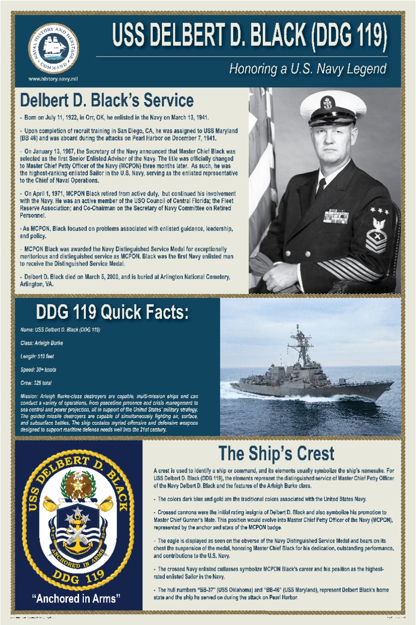 Poster detailing history of Delbert D. Black and his legacy within the U.S. Navy, with information about the ship named after him and the crest. 
