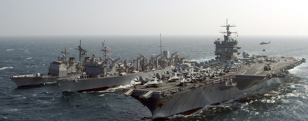 U.S. Navy photo 040127-N-5405H-002. USS Enterprise (CVN-65), USS Detroit (AOE-4), and USS Gettysburg (CG-64) perform a replenishment at sea.