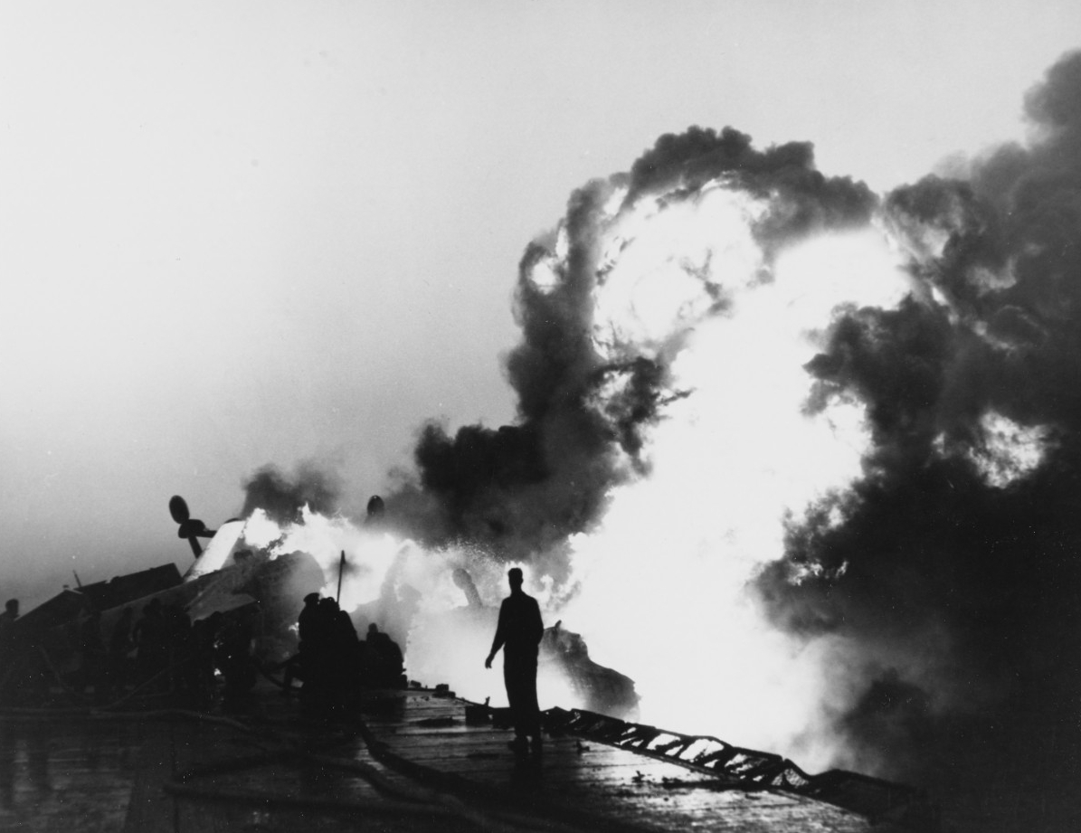 Fires on the flight deck of USS Essex (CV-9)