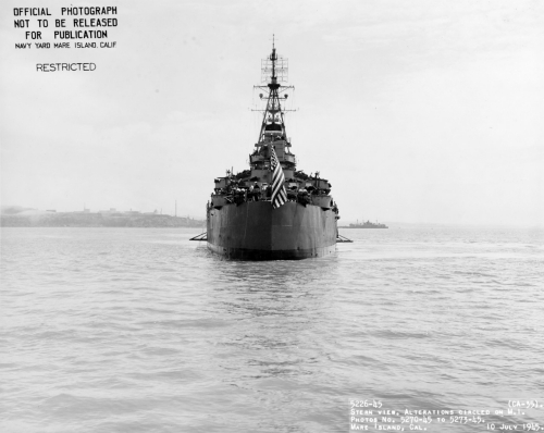 USS Indianapolis (CA-35) view from astern, off Mare Island, 10 July 1945