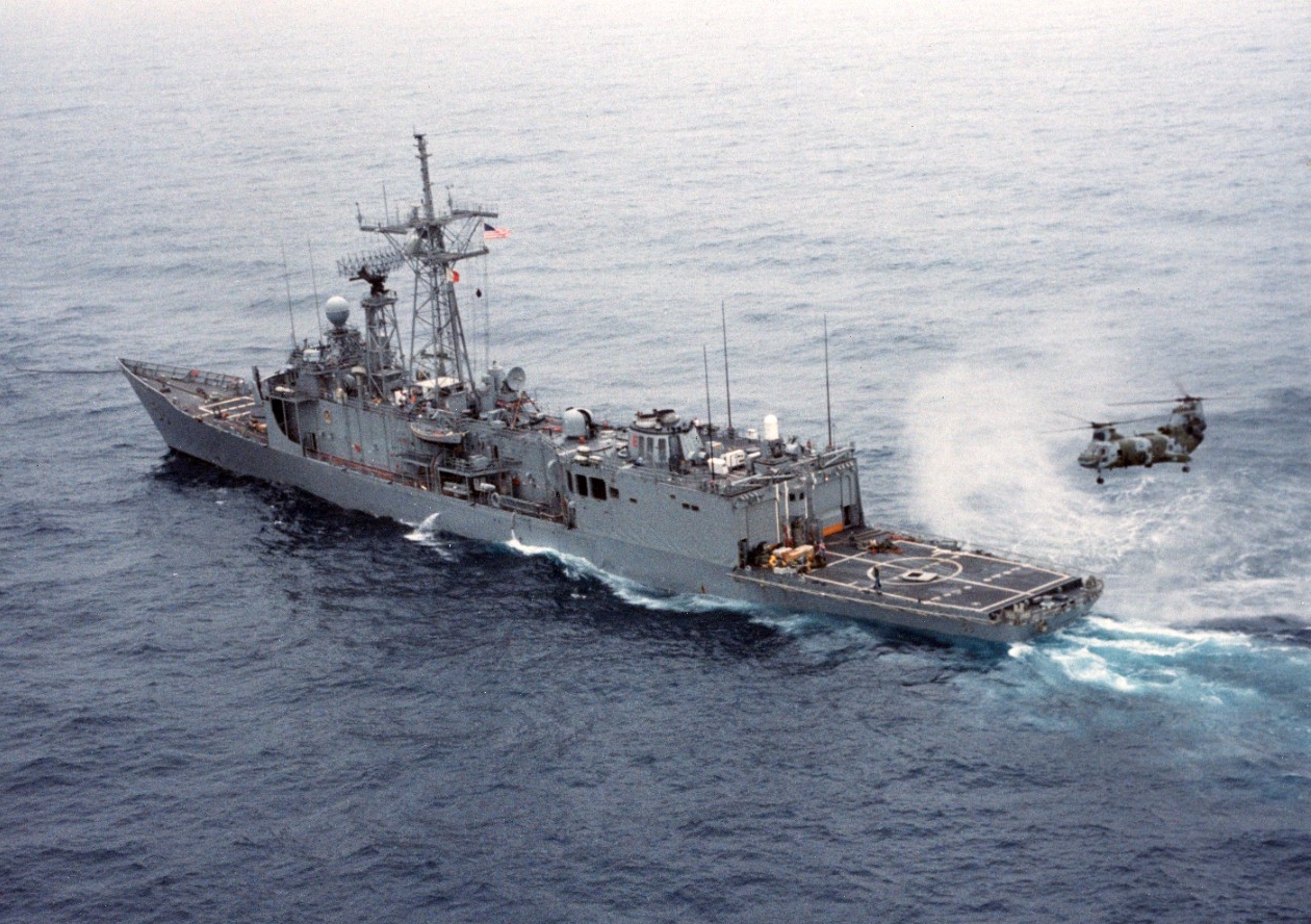 USS Samuel B. Roberts (FFG-58) underway after the ship struck a mine on April 14, 1988.