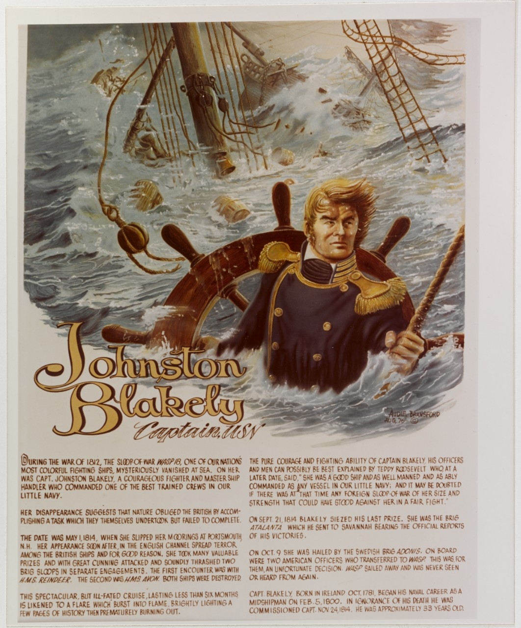 Biographical vignette featuring a depiction of Master Commandant Johnston Blakely and the sinking with his ship