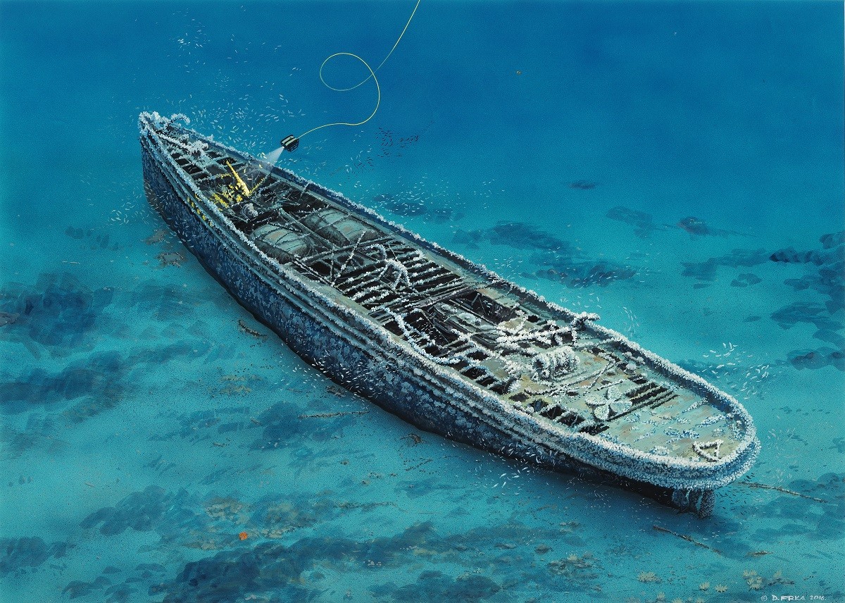 Painting showing how the Wreck of USS Conestoga (AT-54) was discovered  
