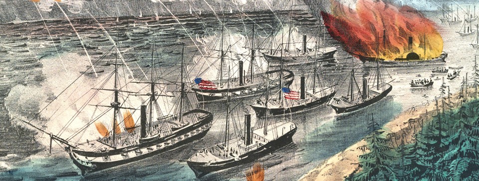 Color lithograph of  ships depicted on a river.