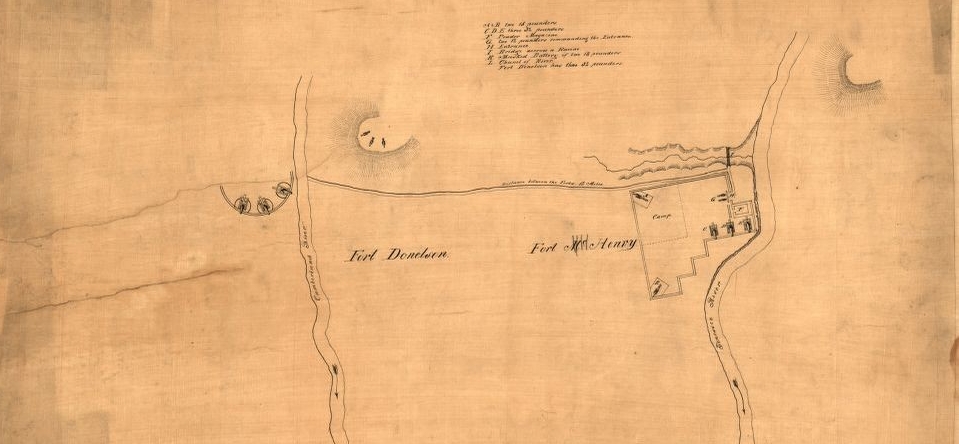 Hand-drawn map showing position of each fort and the two rivers. 
