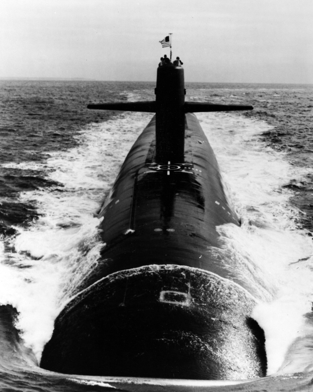 Starboard view of submarine USS Georgia surfaced at sea