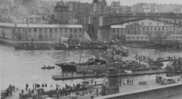 Ships flying American flag, Brest, France, WWI.