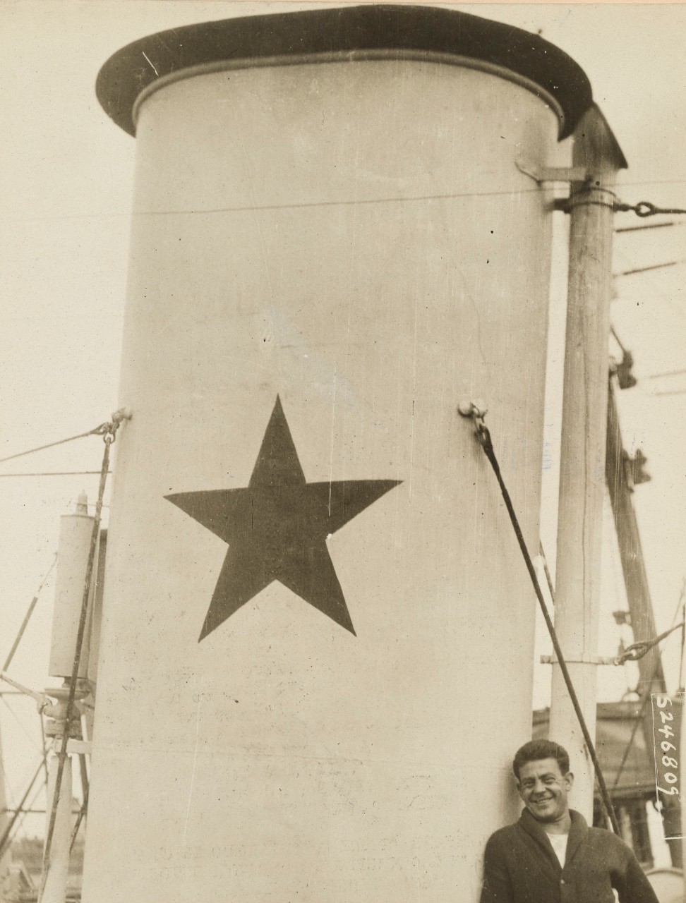 A star on the forward funnel of a U.S. Navy destroyer indicated that it had sunk a German submarine. National Archives 26432980