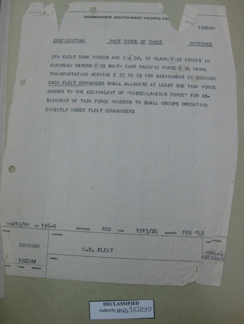 Part three of ADM King's 19 FEB 1943 message directing organization of numbered fleets.