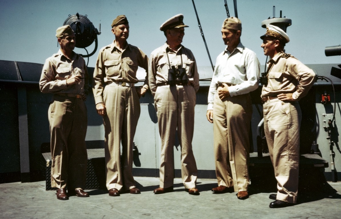 Senior Officers on the bridge of USS CATOCTIN (AGC-5)