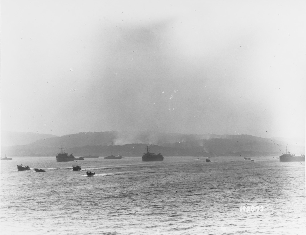 Southern France Invasion, August 1944. LCVPs and LCMs pass LSTs while retracting from "Alpha Yellow" Beach on "D-Day"