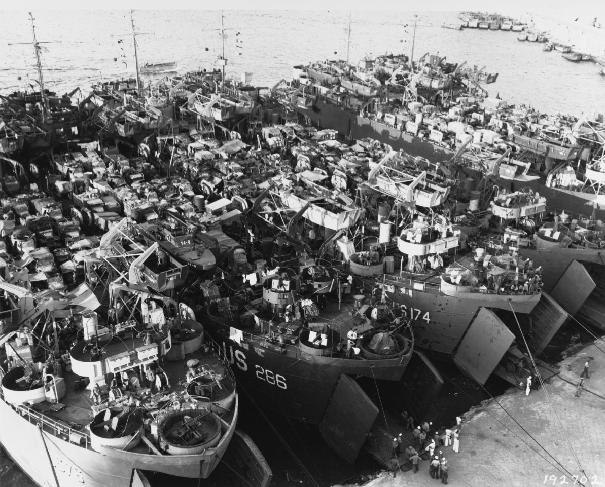 Southern France Invasion, August 1944. LSTs loading for the invasion, at Bagnoli, Italy, 8 August 1944.