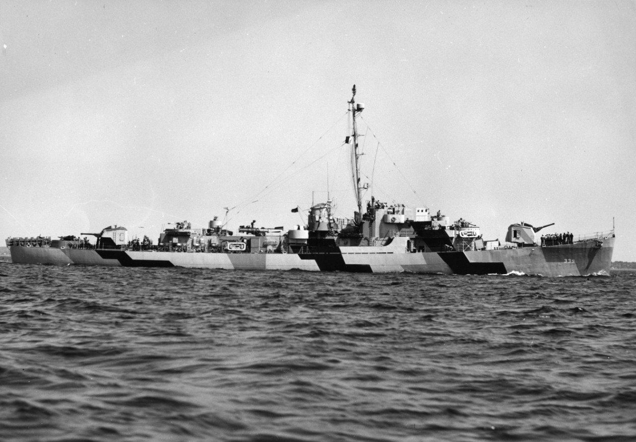 USS John C. Butler (DE-339) underway, possibly off Boston Navy Yard