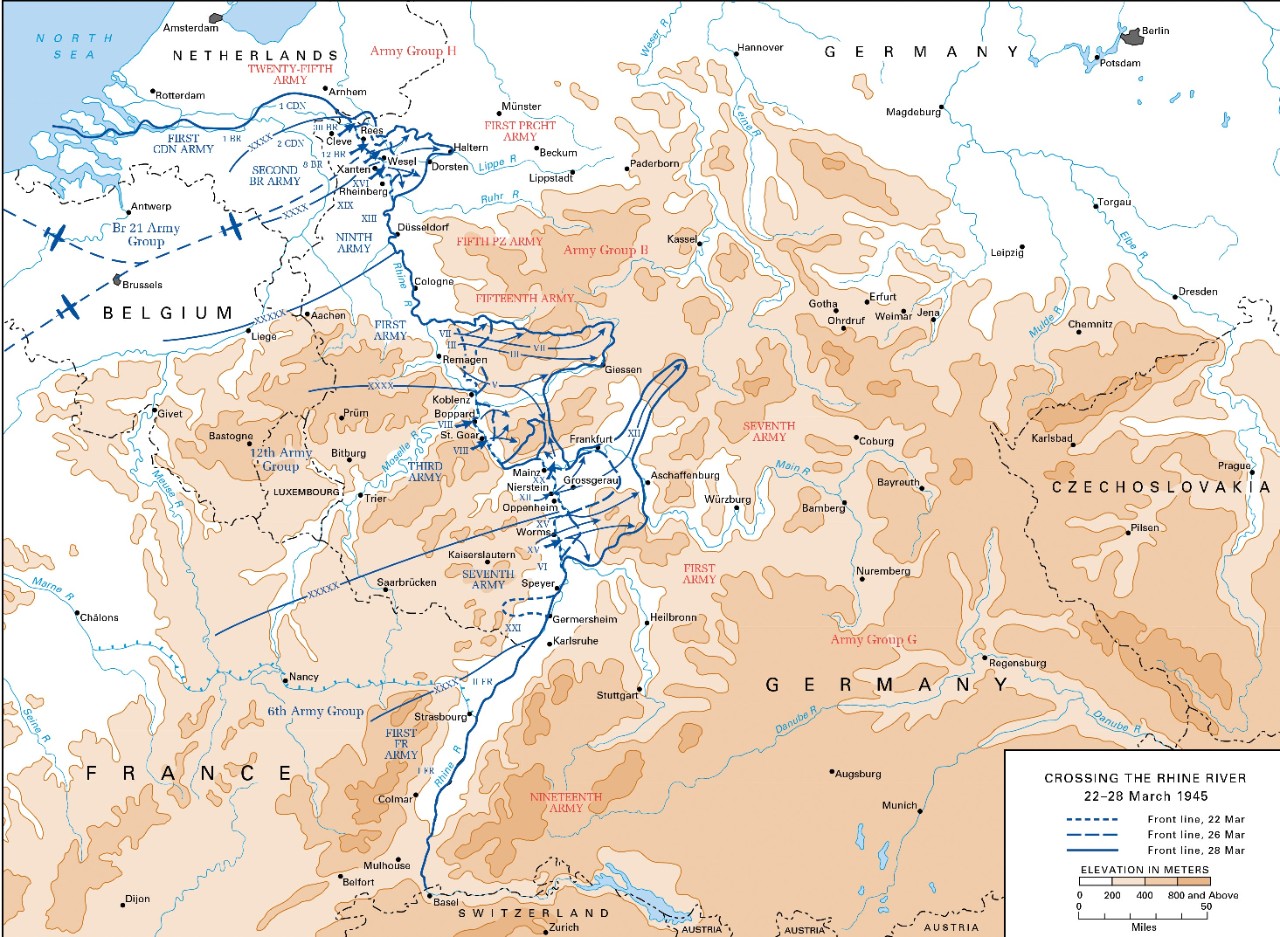 Map of the Allied Rhine crossing operations, 22-28 March 1945.