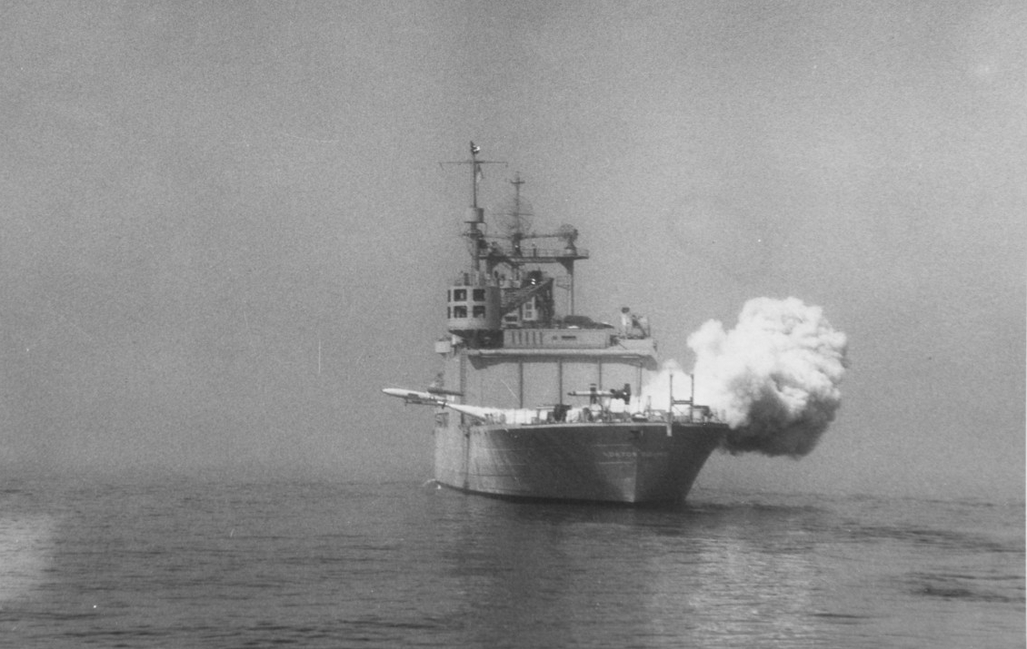 USS NORTON SOUND (AV-11) launches a V-1 "loon" missile.