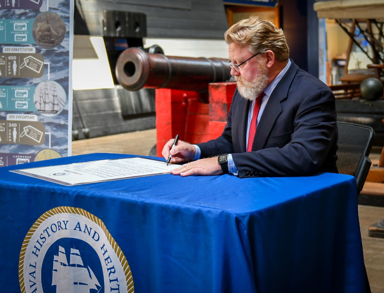 <p>220509-N-OL781-1015 WASHINGTON NAVY YARD (May 9, 2022) Patrick C. Burns, Deputy Director of Naval History and Heritage Command, signs a proclamation at the National Museum of the U.S. Navy, which proclaims May 10, 2022, to be U.S. Navy Original Six Frigates Day. NHHC commemorated the 225th anniversary of the launch of the first of the six frigates (United States), authorized by the 1794 legislation entitled “Act to Provide a Naval Armament.” The authorization promised the president the new Navy’s first ships of war: United States (launched 1797), Constellation (1797), Constitution (1797), Congress (1799), Chesapeake (1799), and President (1800). (U.S. Navy photo by Mass Communication Specialist 2nd Class Ellen E. Sharkey)</p>
