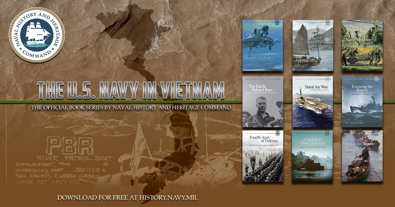 Graphic illustration with the map of Vietnam in the nine book covers from Naval History and Heritage Command's Vietnam War book series. 