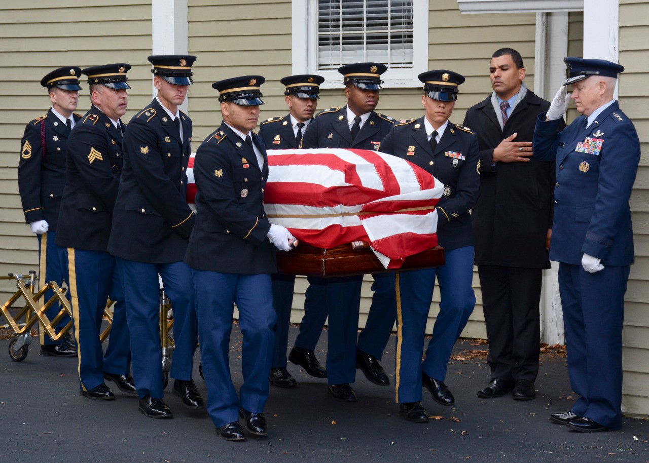 Concord, Mass. (Nov. 15, 2017) The Military Funeral Honors Team of the Massachusetts Army National Guard carries the casket of Medal of Honor recipient Capt. Thomas J. Hudner, Jr., during a funeral procession in Capt. Hudner’s honor. Capt. Hudner, a naval aviator, received the Medal of Honor for his actions during the Battle of the Chosin Reservoir during the Korean War. (U.S. Navy photo by Mass Communication Specialist 3rd Class Casey Scoular/Released)