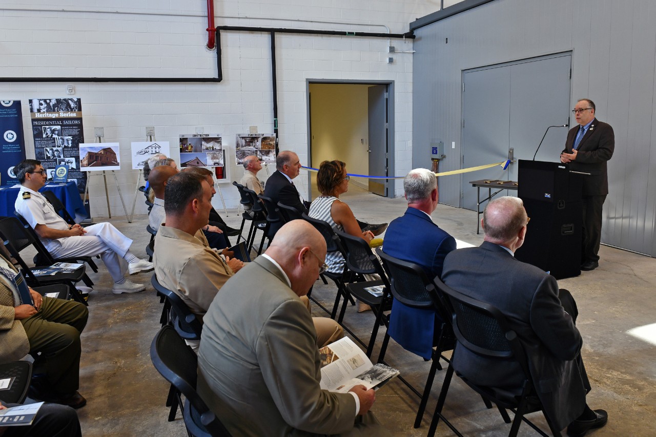 <p>Naval History and Heritage Command (NHHC) Director Sam Cox delivers remarks during a ribbon-cutting ceremony showcasing the command’s newest conservation and preservation site. The new state-of-the-art Naval History and Research Center (NHRC) will house NHHC’s Navy Art Collection and Underwater Archeology Branch (UAB) of the Collection Management Division and Histories and Archives Division, including the Navy Library and Archives Branch. (U.S. Navy photo by Arif Patani)</p>
