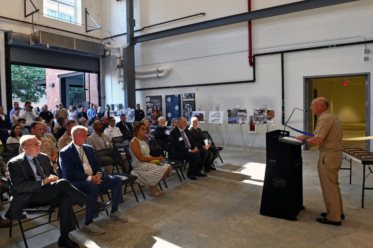<p>WASHINGTON (August 8, 2022) Chief of Naval Operations Adm. Mike Gilday delivers remarks during a ribbon-cutting ceremony showcasing Naval History and Heritage Command’s (NHHC) newest conservation and preservation site. The new state-of-the-art Naval History and Research Center (NHRC) will house NHHC’s Navy Art Collection and Underwater Archeology Branch (UAB) of the Collection Management Division and Histories and Archives Division, including the Navy Library and Archives Branch. (U.S. Navy photo by Arif Patani)</p>
