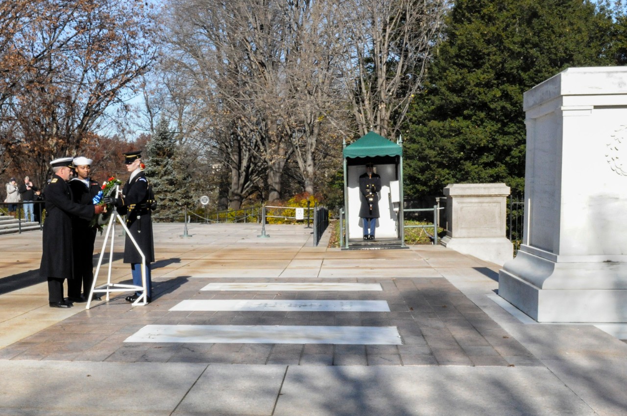 A member of the U.S. Army 3rd Infantry Honor Guard and a member of the Naval Order of the United States lay a wreath at the Tomb of the Unknown Soldier.