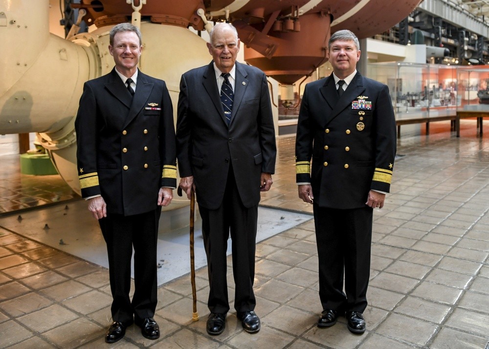 WASHINGTON NAVY YARD (Oct. 15, 2019) (Pictured from left to right) Rear Adm. Andrew Lennon, vice director, Navy Staff, Office of the Chief of Naval Operations; retired Rear Adm. Robert Fountain, former executive officer USS Scorpion (SSN 589); an...