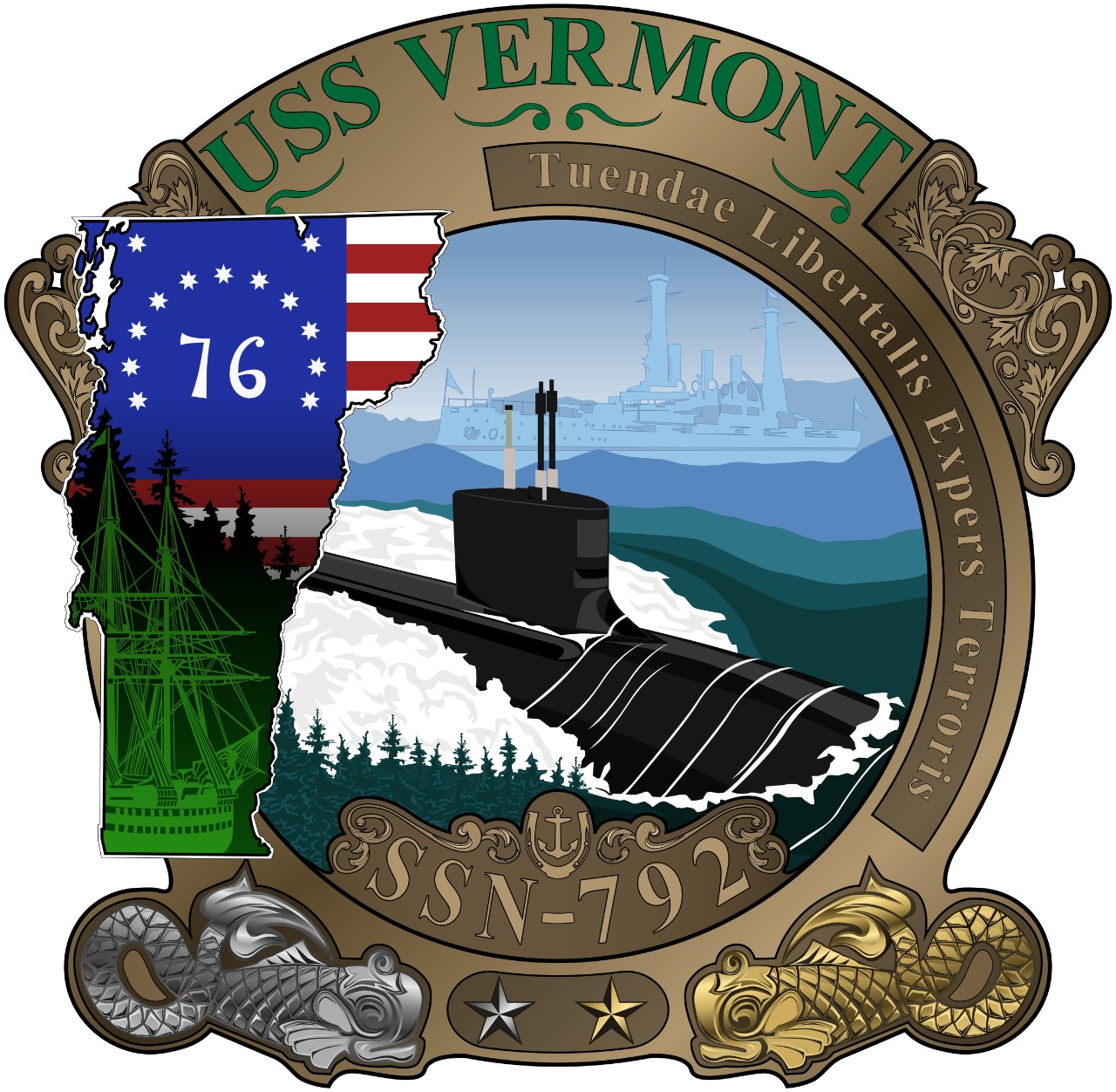 WASHINGTON (April 18, 2020) The official crest of the Virginia-class attack submarine USS Vermont (SSN 792). Vermont is the third U.S. Navy vessel to bear the name of the Green Mountain State and the first of the 10 Virginia-class Block IV submar...