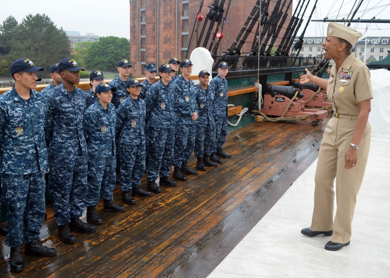 Fleet Master Chief April Beldo addresses USS Constitution crew members on the ship's spar deck during a visit to 'Old Ironsides'. (U.S. Navy photo by Sonar Technician (Submarine) 2nd Class Thomas Rooney/Released)