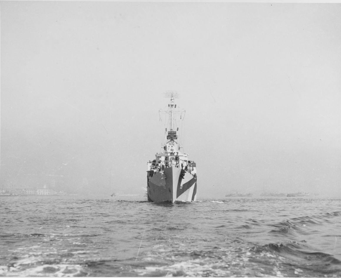 Seen from directly ahead while underway off the Boston Navy Yard, Massachusetts, 1 August 1944. She is wearing Camouflage Measure 32, Design 11A.