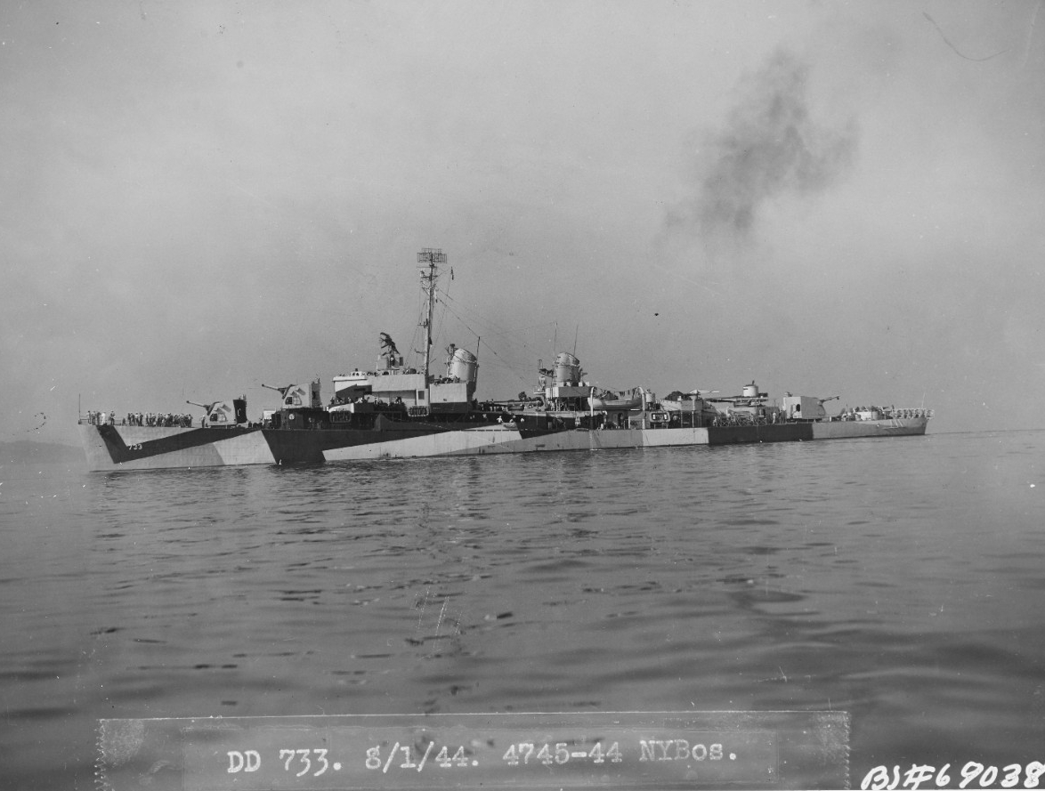 USS Mannert L. Abele off the Boston Navy Yard, Massachusetts, 1 August 1944. She is wearing Camouflage Measure 32, Design 11A.