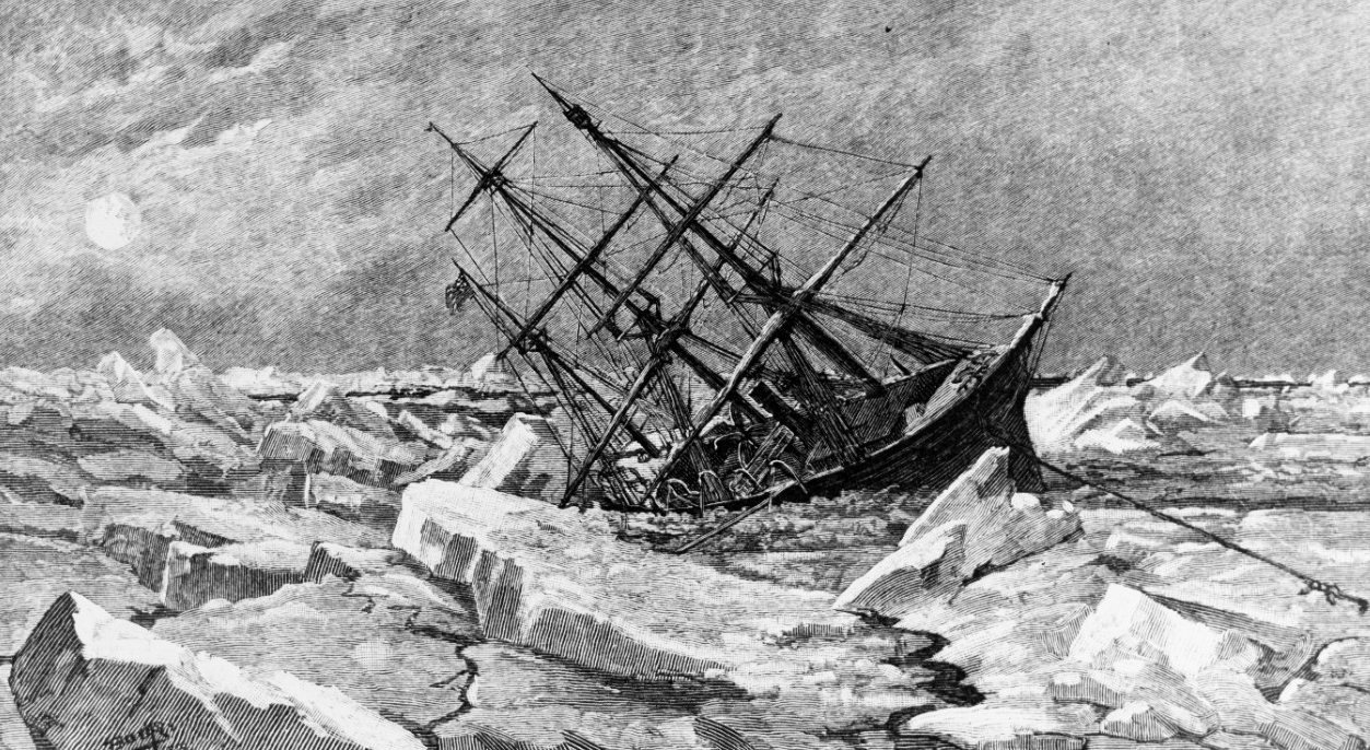 Engraving of bark-rigged steamship Jeannette
