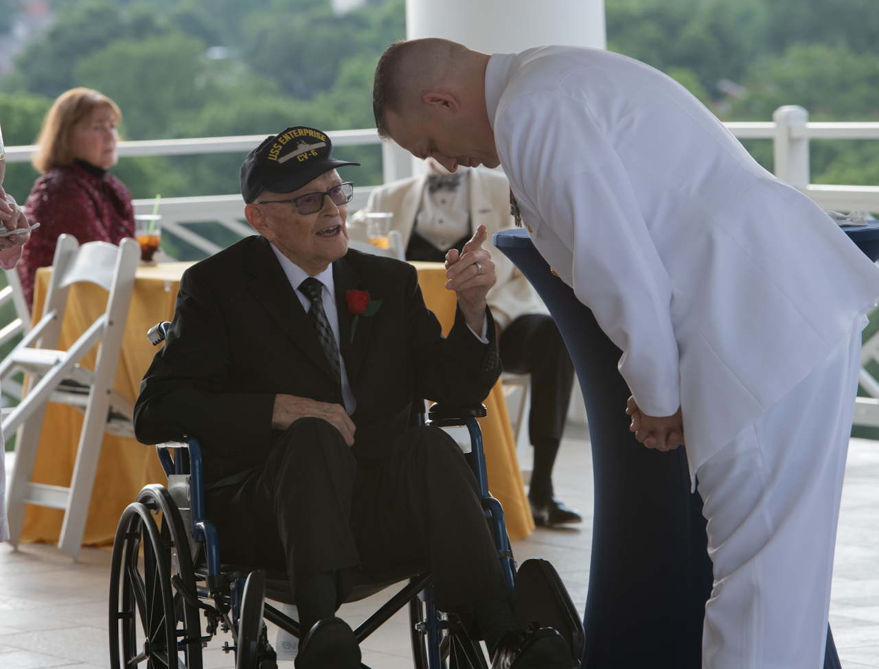 Chief Petty Officer Bill Norberg, a World War II veteran who served during the Battle of Midway, during a commemoration dinner at the Army Navy Country Club in Arlington, Va., June 4.