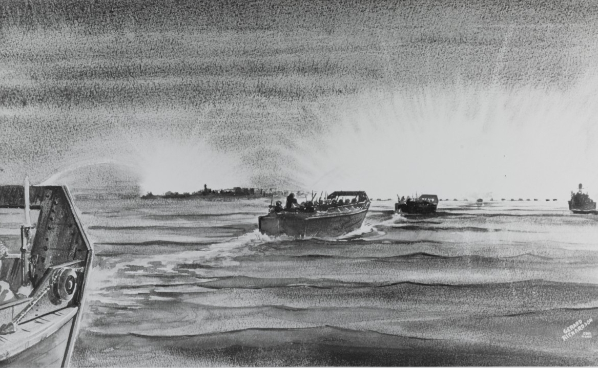 Drawing of the landings at Anzio, Italy.