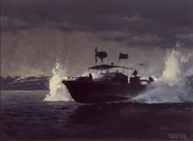 Painting by R.G. Smith of a river patrol boat