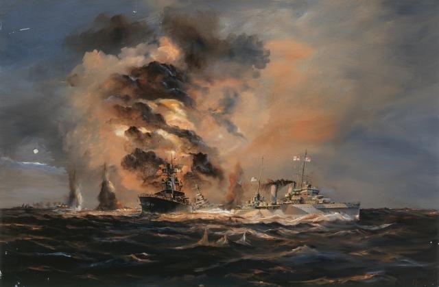 Painting of the sinking of Dutch light cruiser De Ruyter