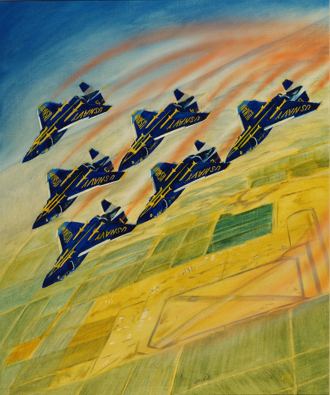 Six Blue Angels flying upside down over fields