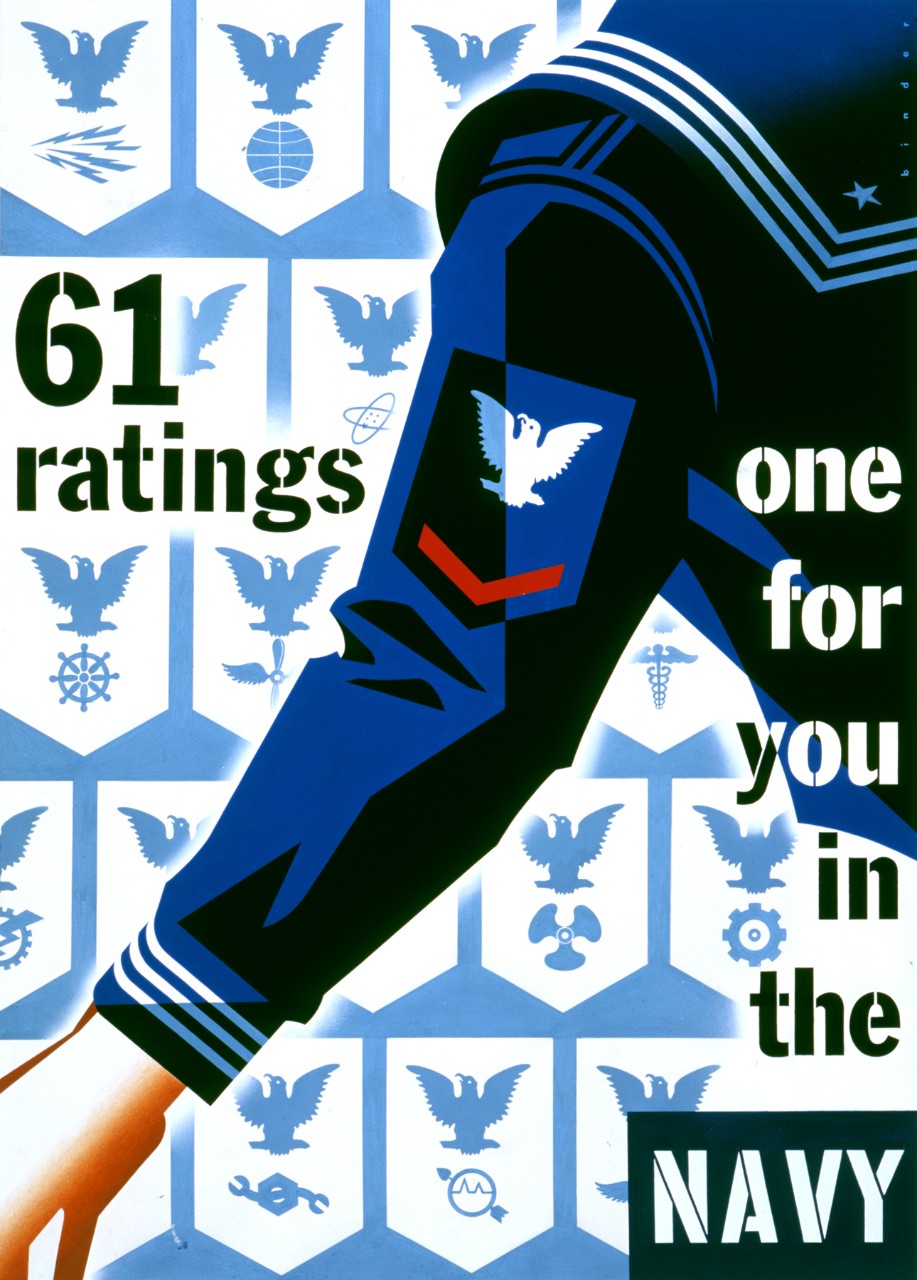 The background has rating badges. The foreground is the arm of a sailor focusing on the rating badge on the sleeve