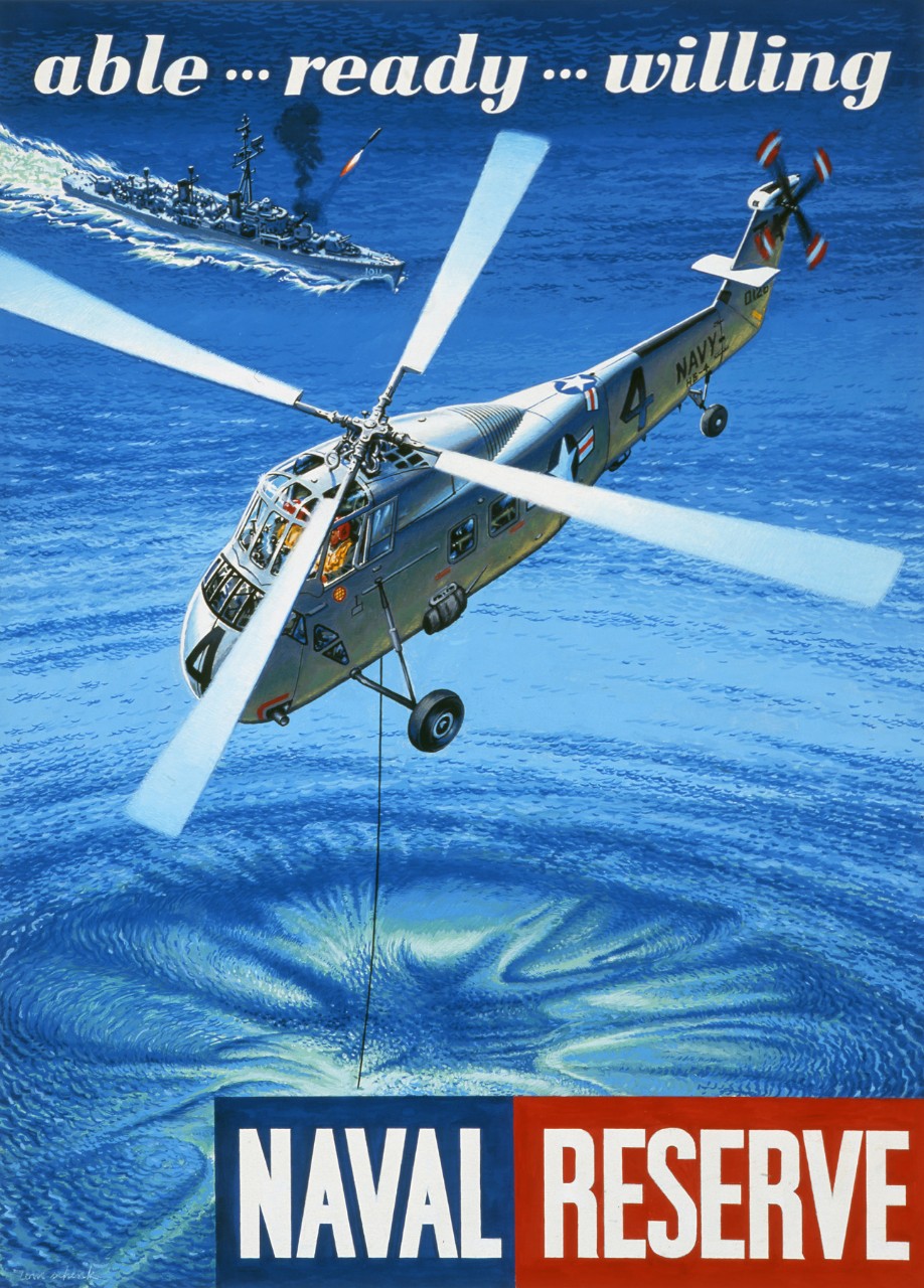 A helicopter drops sonar into the water, in the background a ship fires a missile. Text Able Ready Willing is at top and Naval Reserve at bottom.