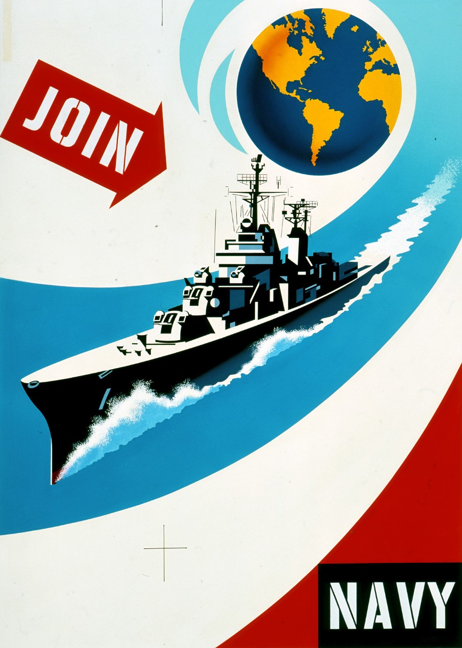 A stylized image of a destroyer with the earth in the upper center with text Join to the left and Navy in the right lower corner.