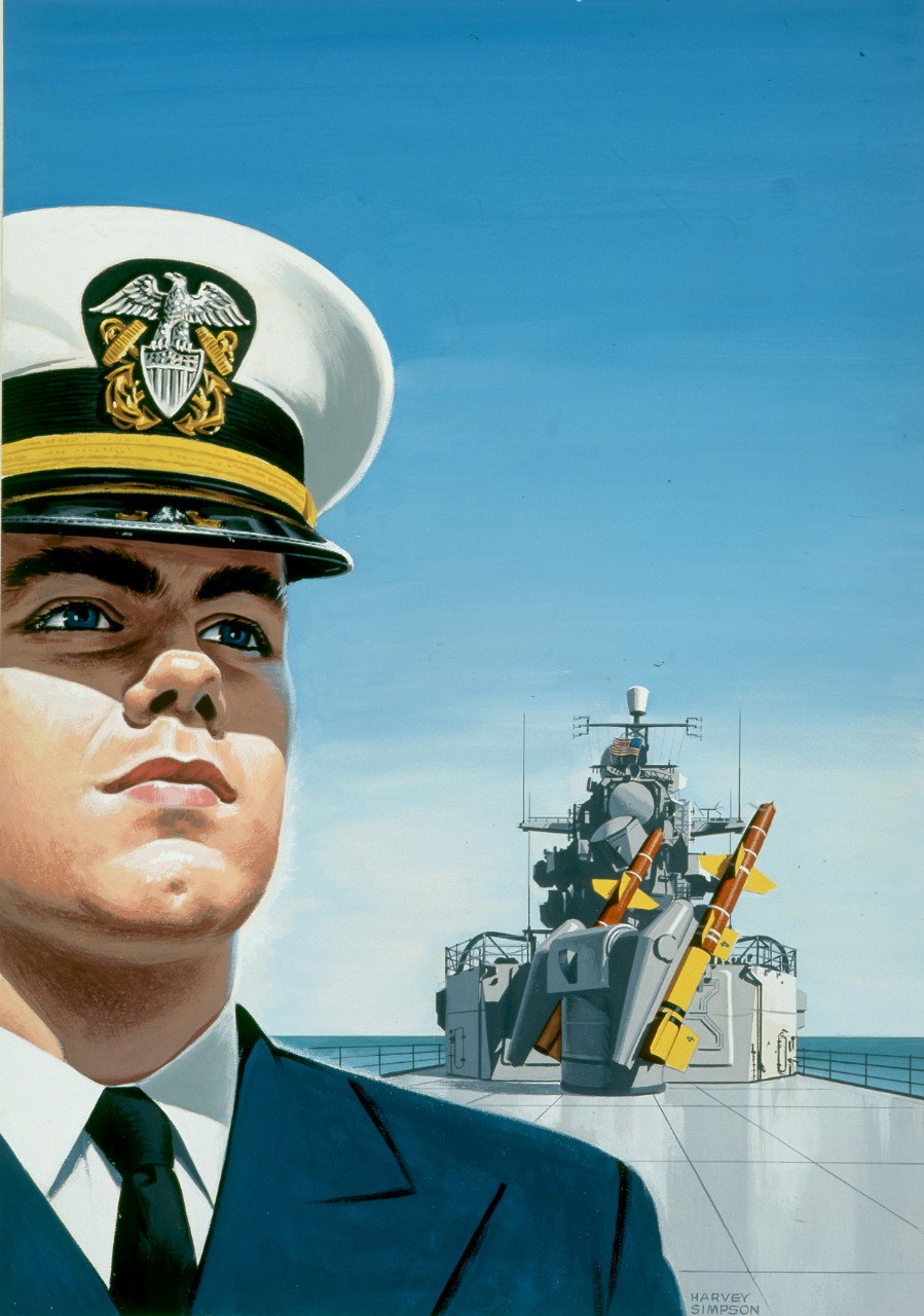 An officer stands on the deck of a ship behind him is a missile launcher.