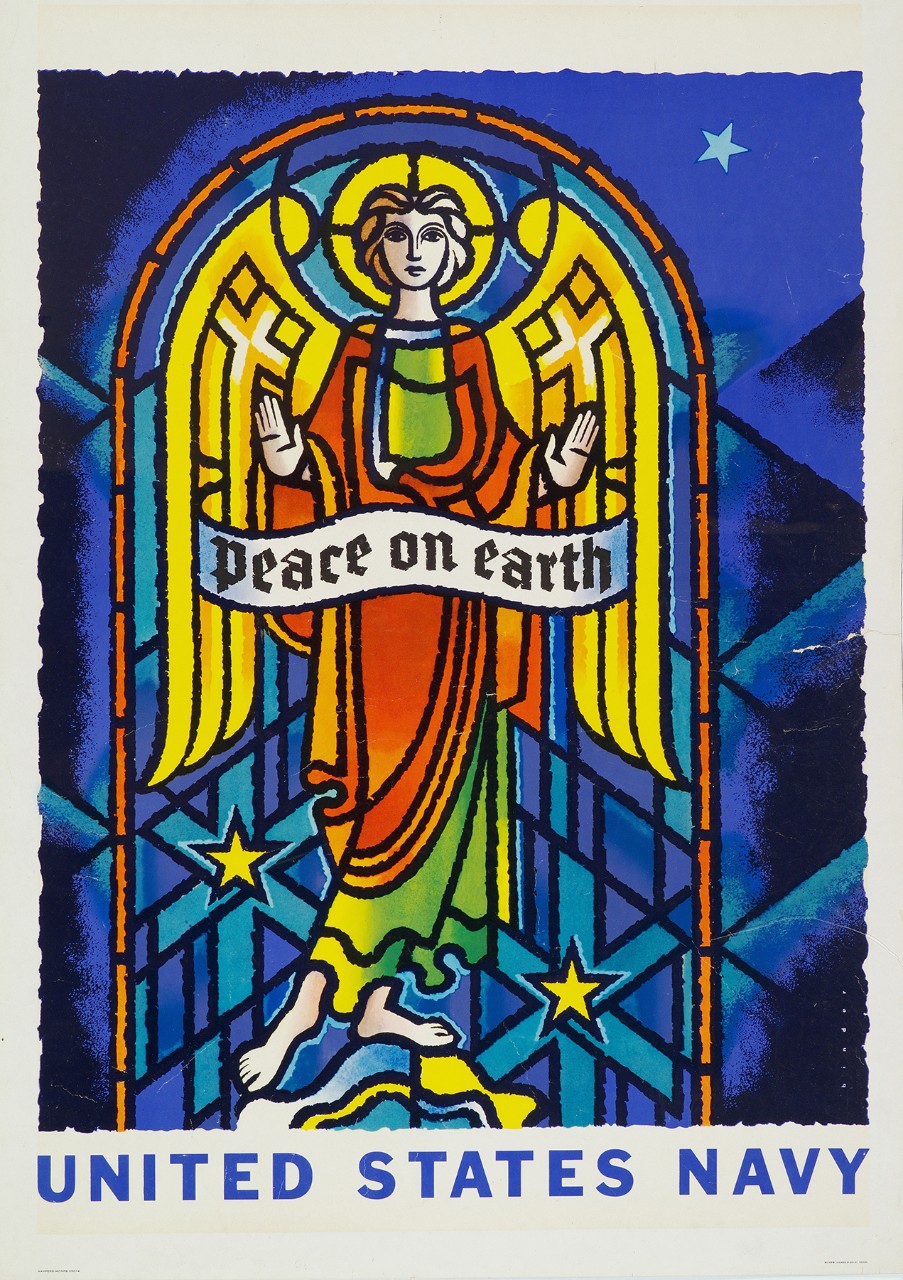 Poster with an image of a stained glassed window with an angel. It is standing behind a banner with text Peace On Earth. The text United States Navy is at bottom.