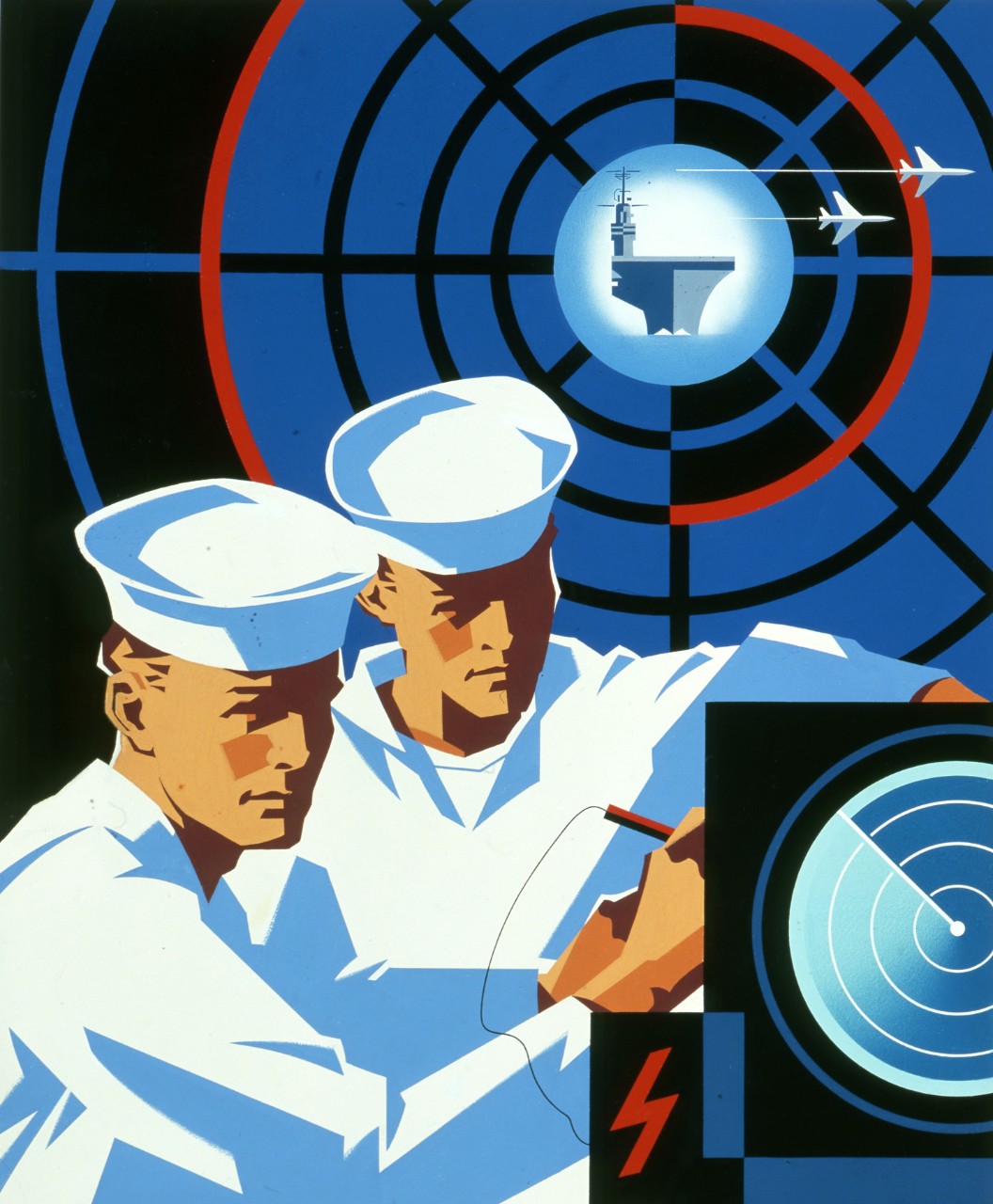 Two sailors work on a radar console, in the background is an image of a radar screen with an aircraft carrier in the center.