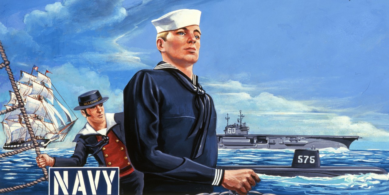 On the left side of the painting is USS Constitution with a sailor dressed in early nineteenth century uniform. On the right is a sailor dressed in a 1950’s uniform with an aircraft carrier and a submarine